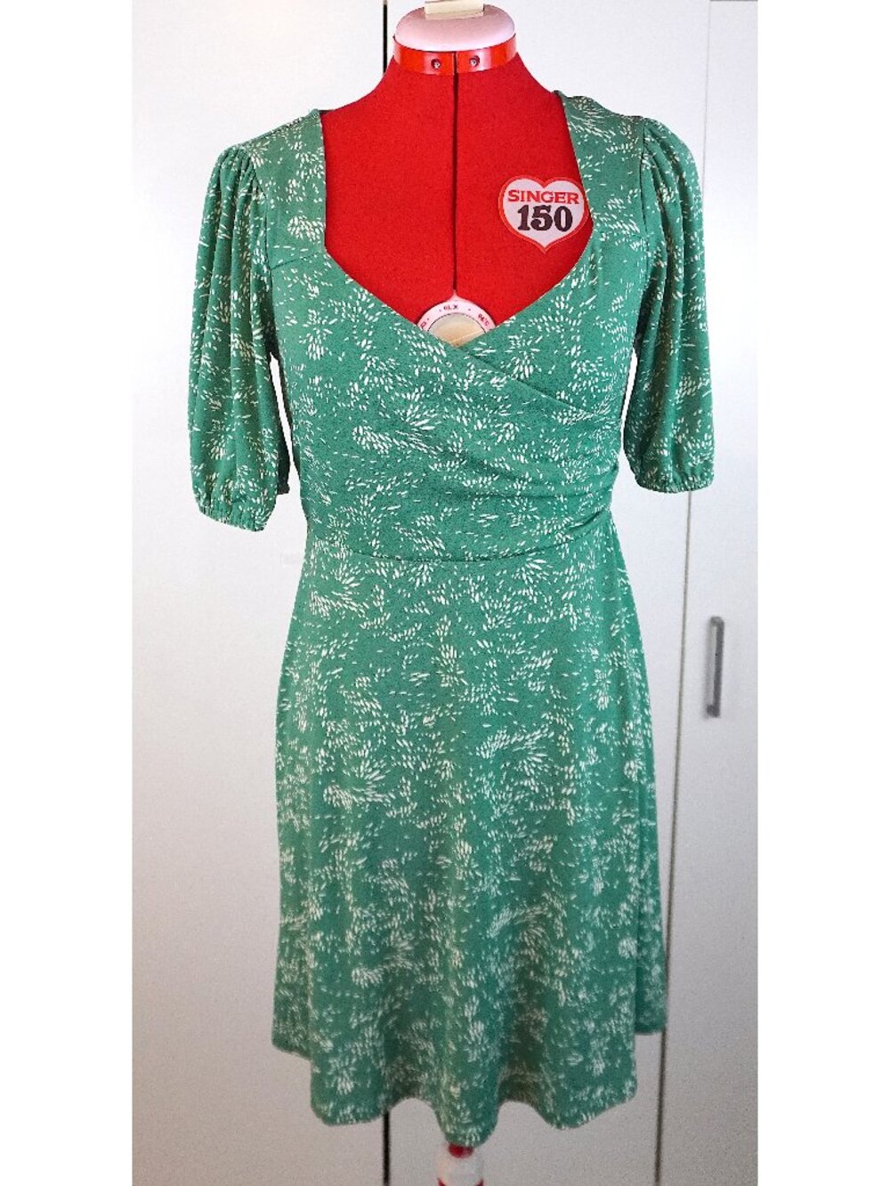 All in Favor Surplice Short-Sleeve Mini Dress in "Sage White Dash"